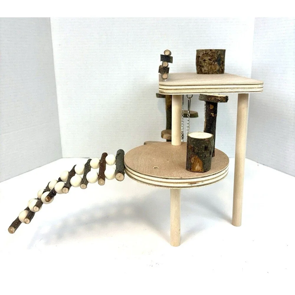 Hamster Playground Platform, Climbing, Swinging, Ladder Toy, Natural Pet-Safe
